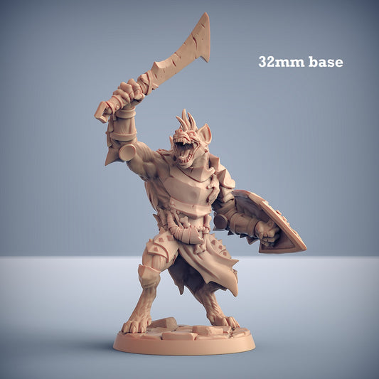 Image shows a 3D render of a gnoll warrior gaming miniature