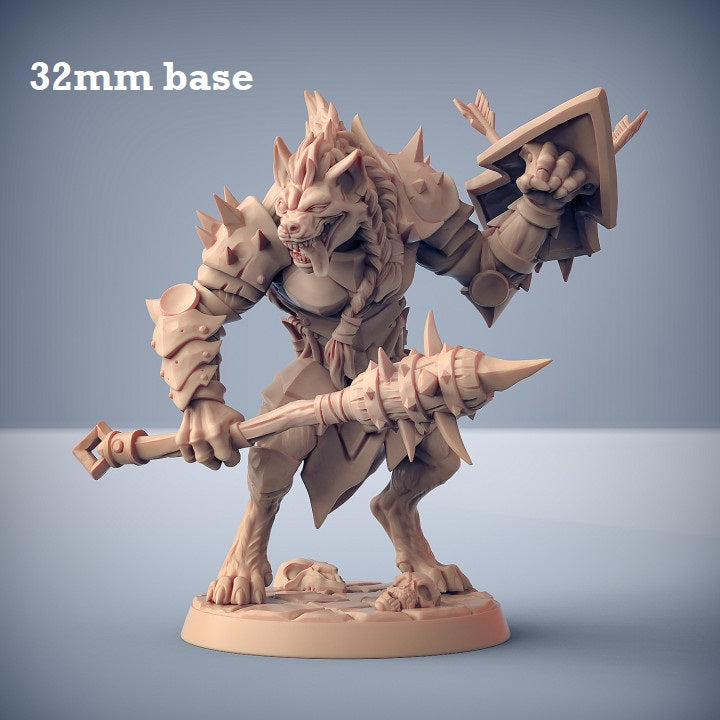 Image shows a 3D render of a gnoll warrior gaming miniature