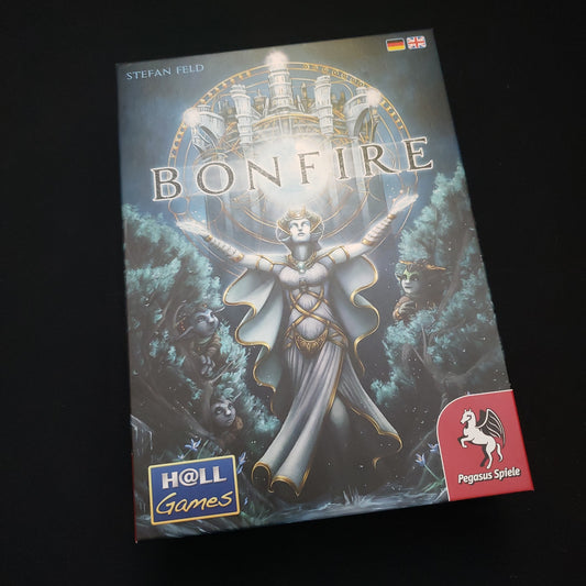 Image shows the front cover of the box of the Bonfire board game
