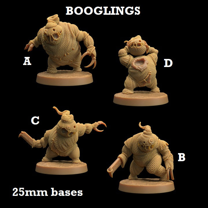 Image shows 3D renders of four different sculpt options for a burlap bag minion gaming miniature