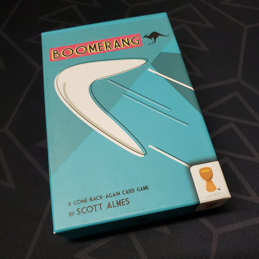 Image shows the front cover of the box for the Boomerang card game