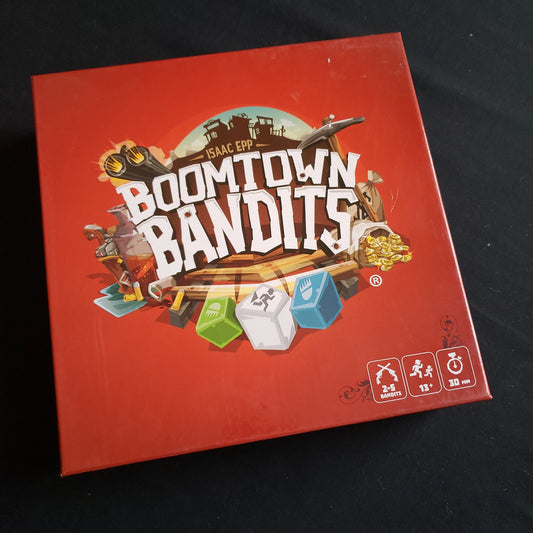 Image shows the front cover of the box of the Boomtown Bandits board game