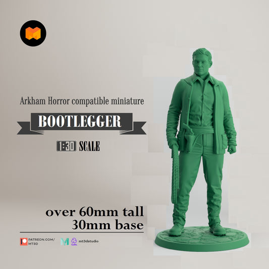 Image shows a 3D render of an adventuring bootlegger gaming miniature.