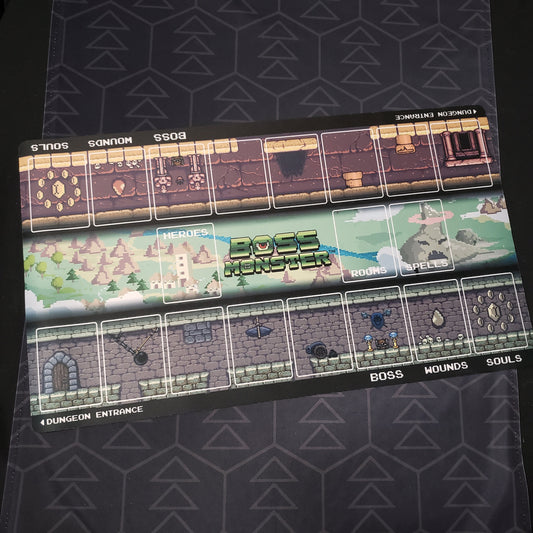 Image shows the art side of the Two-Player Playmat for the card game Boss Monster