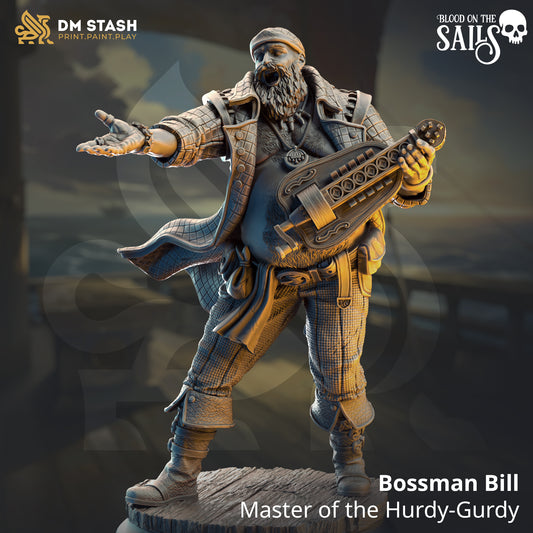 Image shows a 3D render of a human pirate bard gaming miniature.