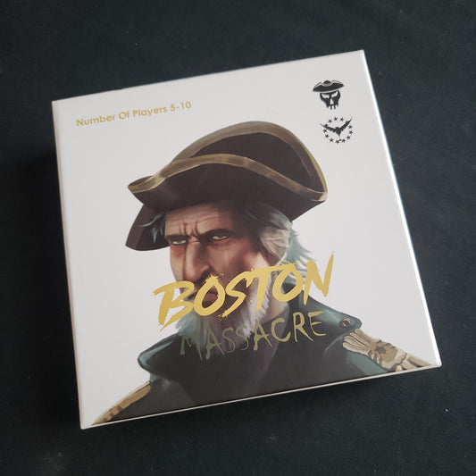 Image shows the front cover of the box of the Boston Massacre party game