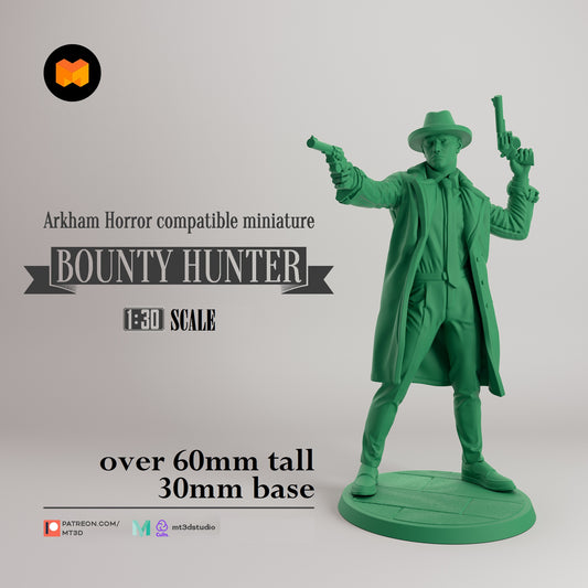Image shows a 3D render of a 1920s era bounty hunter gaming miniature.