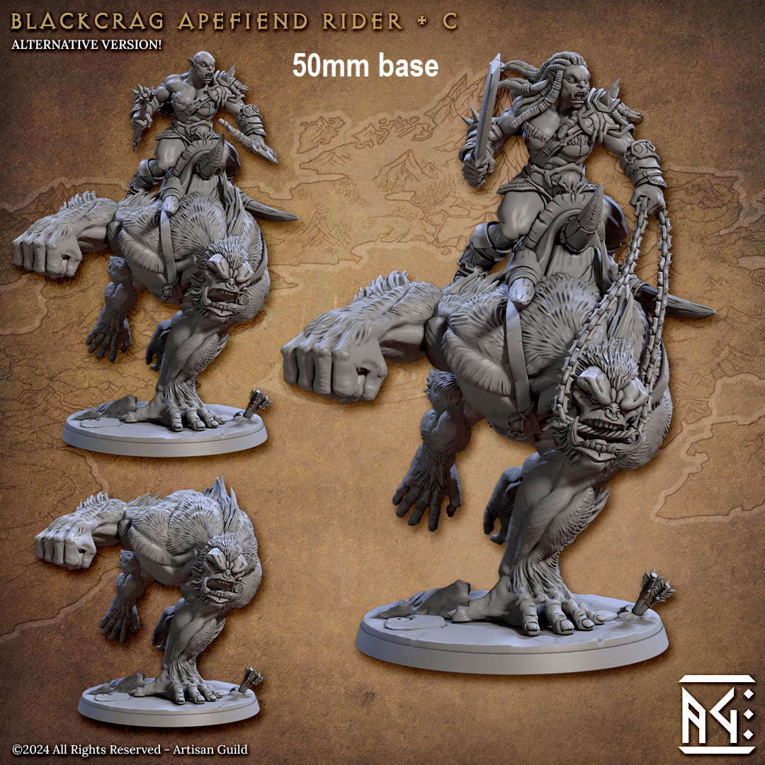 Image shows 3D renders of some different options for a gaming miniature of an orc riding an ape-beast