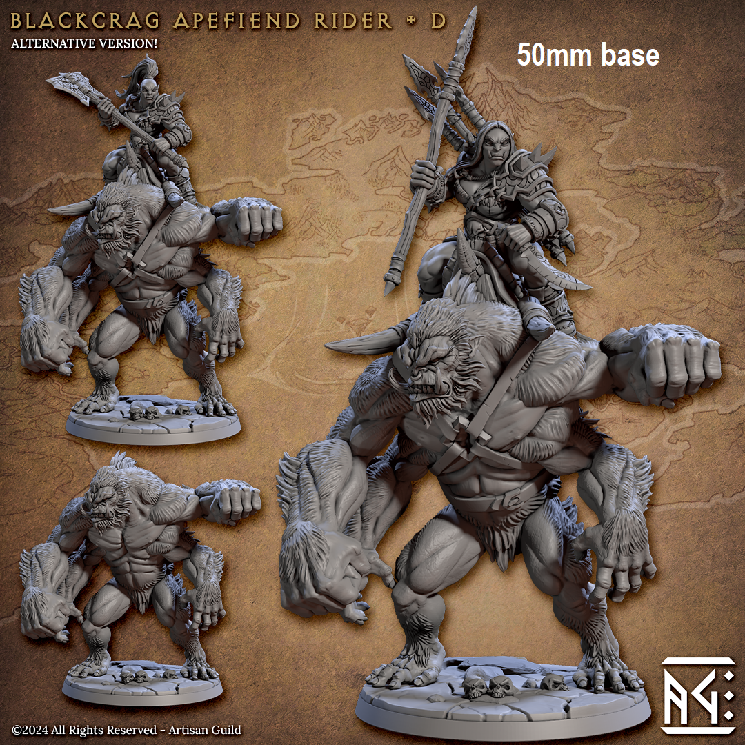 Image shows 3D renders of some different options for a gaming miniature of an orc riding an ape-beast