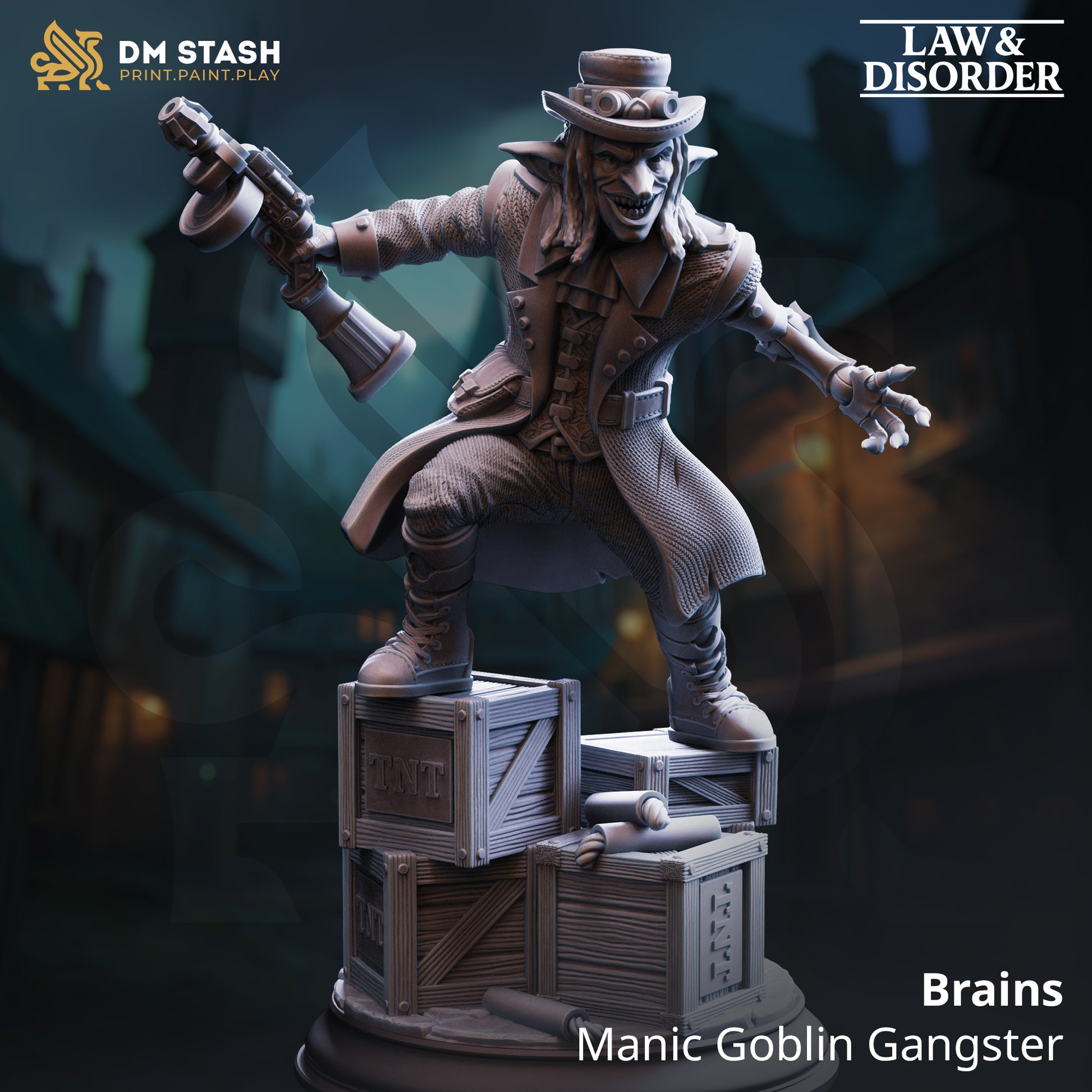 Image shows a 3D render of a goblin gangster gaming miniature.