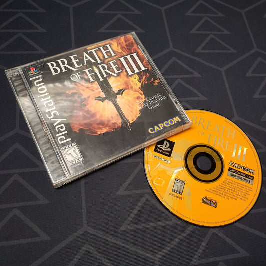 Image shows the jewel case with manual and disc for the video game Breath of Fire III for Playstation 1