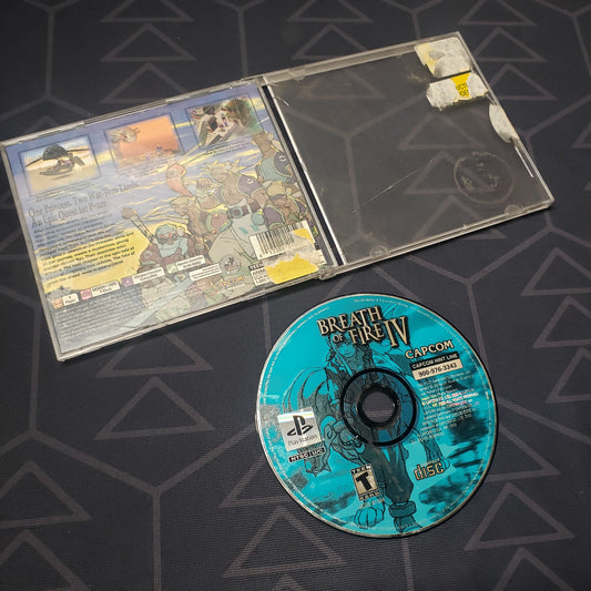 Image shows the opened up jewel case without a manual and disc for the video game Breath of Fire IV for Playstation 1