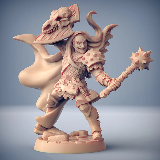 Image shows an 3D render of a human warrior gaming miniature holding a shield with a skull on it and a morning star