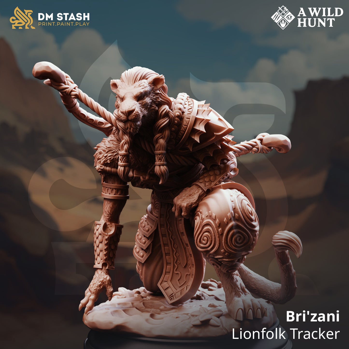 Image shows a 3D render of a leonin ranger gaming miniature.
