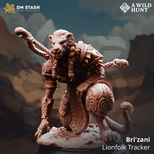Image shows a 3D render of a leonin ranger gaming miniature.