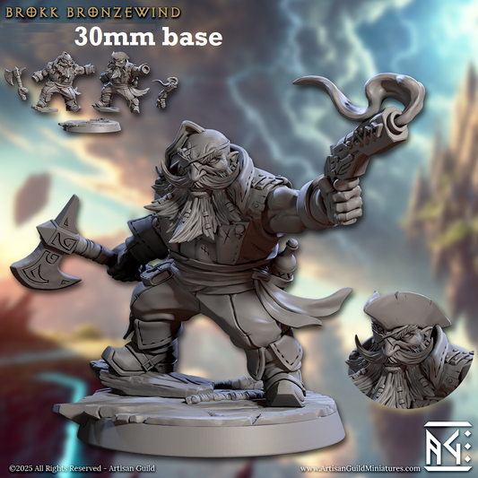 Image shows a 3D render of a dwarf pirate gaming miniature.