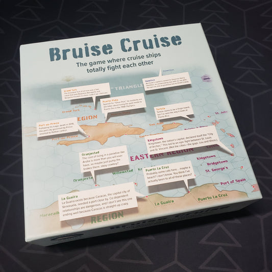 Image shows the front cover of the box for the Bruise Cruise board game