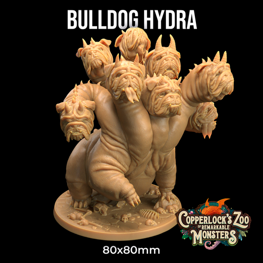 Image shows a 3D render of a gaming miniature of a hydra with bulldog heads