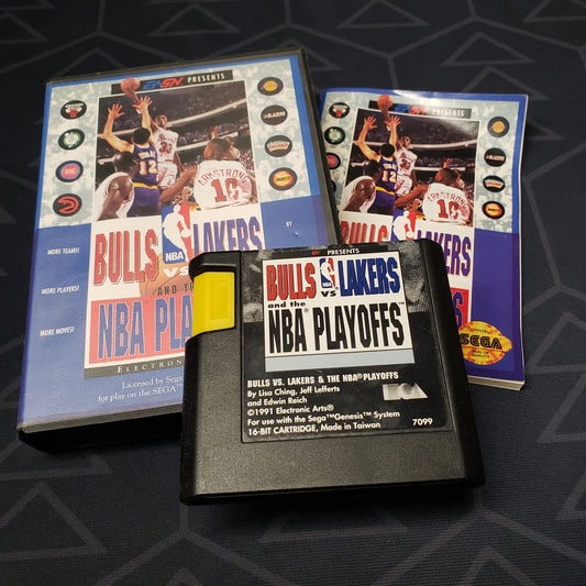 Image shows the case, manual & cartridge for the video game Bulls vs Lakers and the NBA Playoffs for Sega Genesis