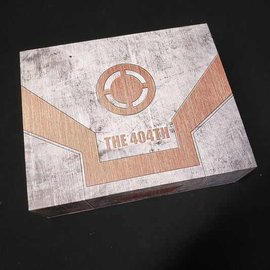Image shows the front cover of the box of the 404th Deluxe Lore Recruitment Portfolio for the board game Burncycle