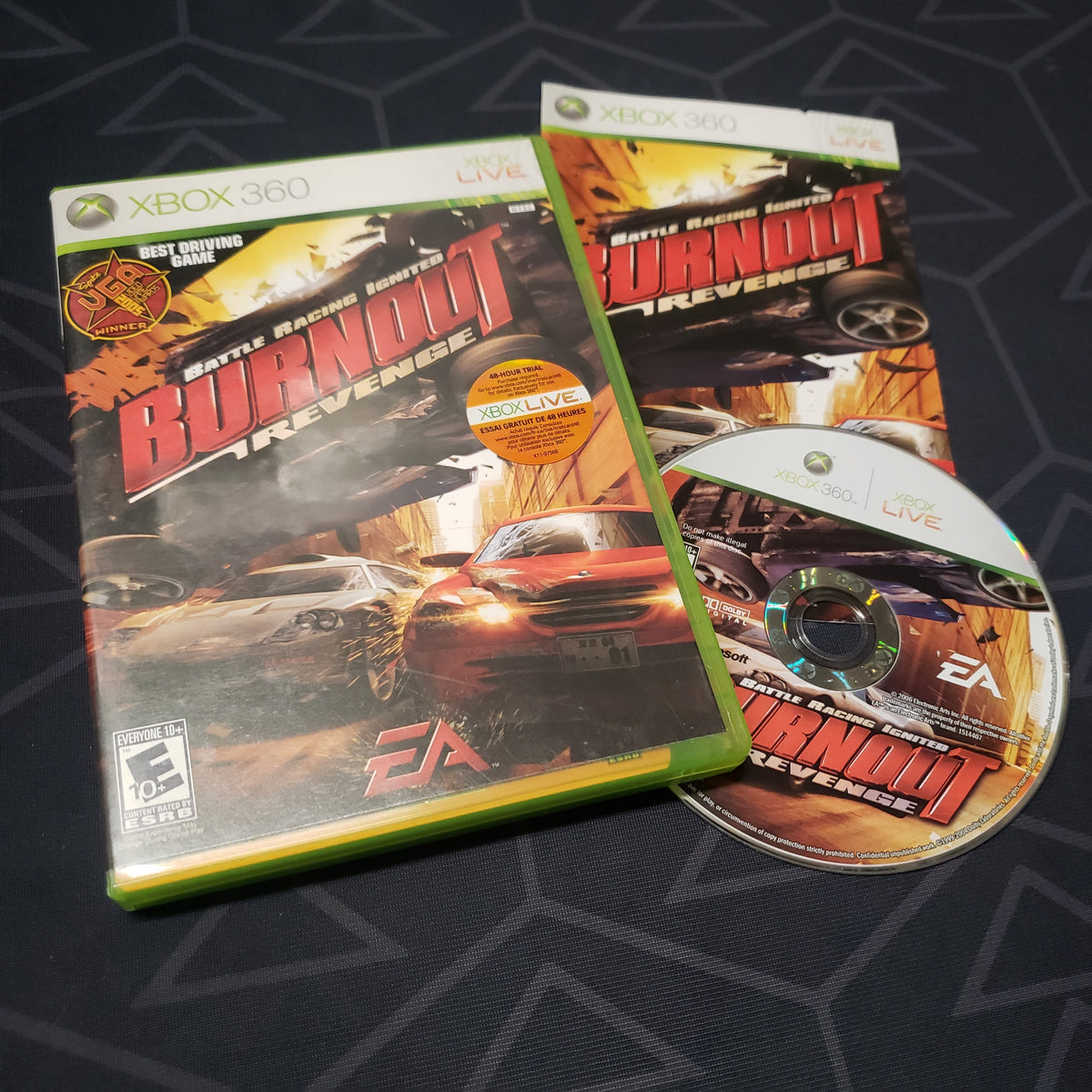 Image shows the case, manual and disc for the video game Burnout Revenge for Xbox 360
