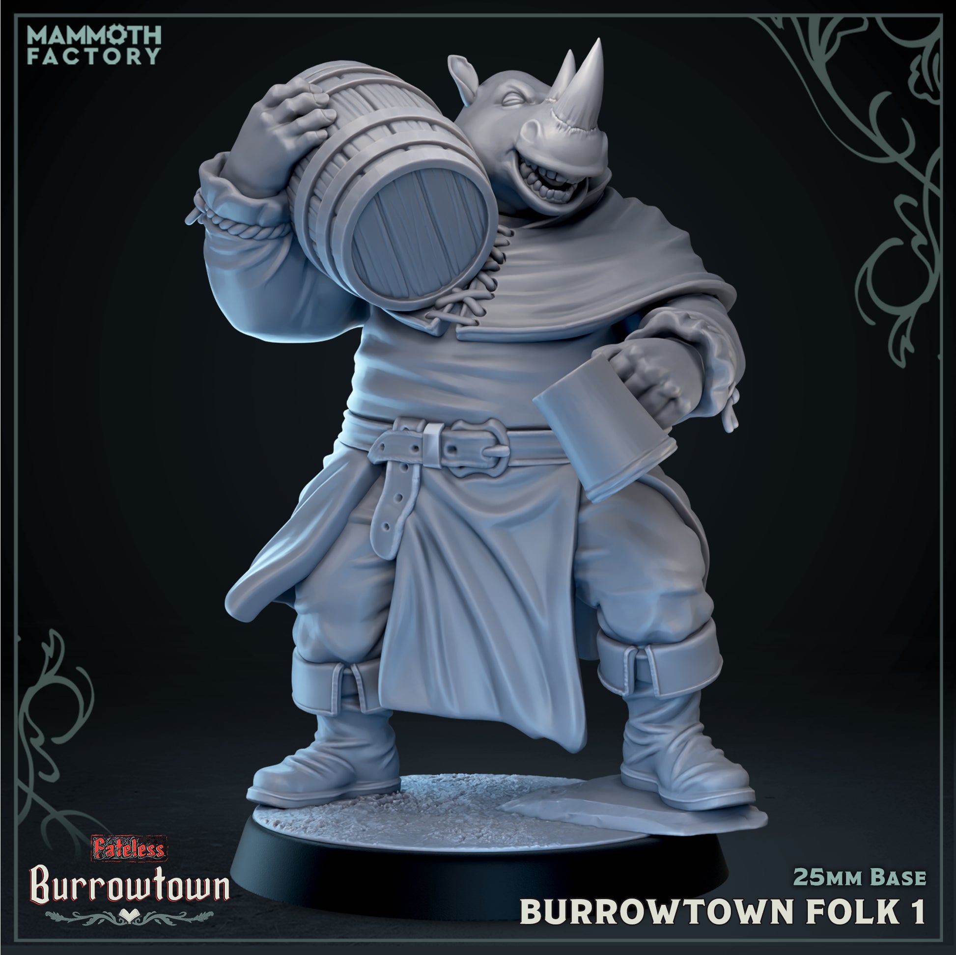 Image shows a 3D render of a rhox villager gaming miniature.