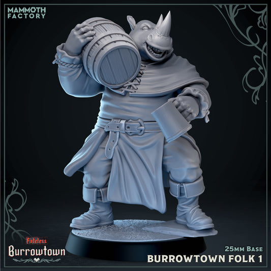 Image shows a 3D render of a rhox villager gaming miniature.