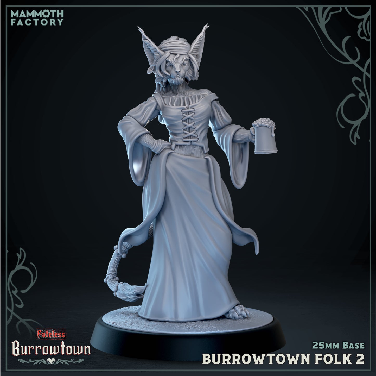 Image shows a 3D render of a tabaxi villager gaming miniature.