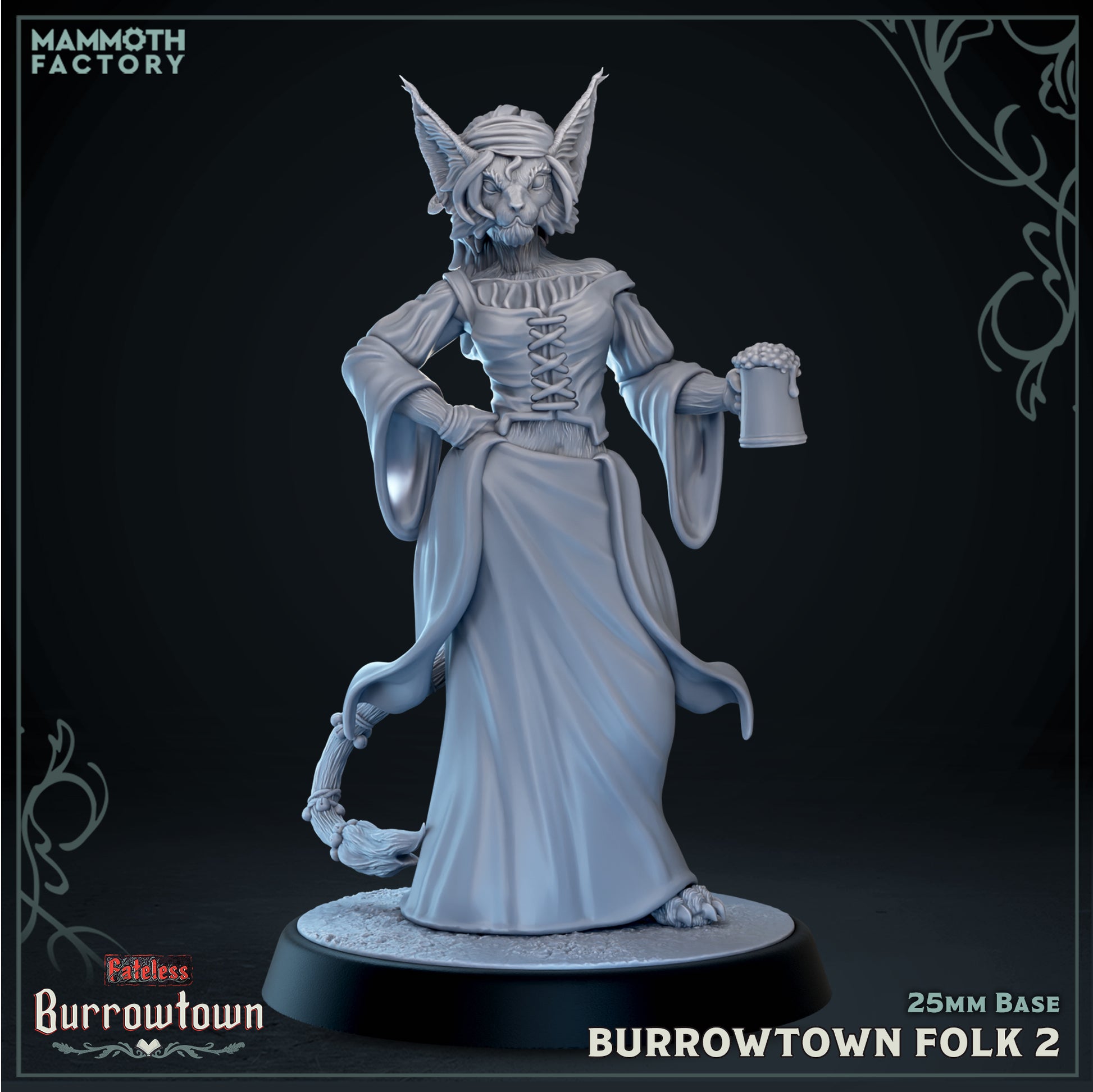 Image shows a 3D render of a tabaxi villager gaming miniature.