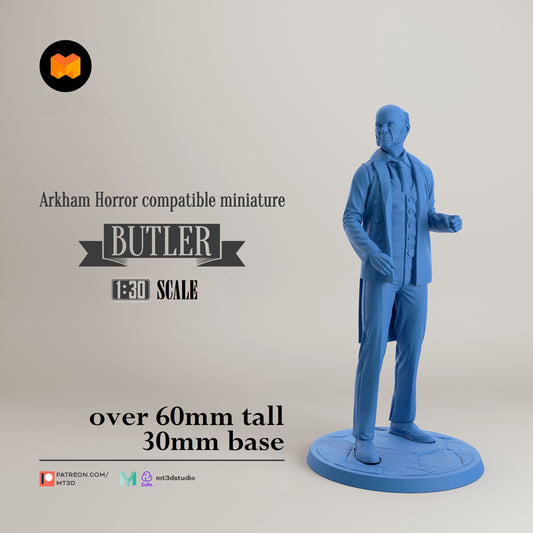 Image shows a 3D render of a 1920s era butler gaming miniature.