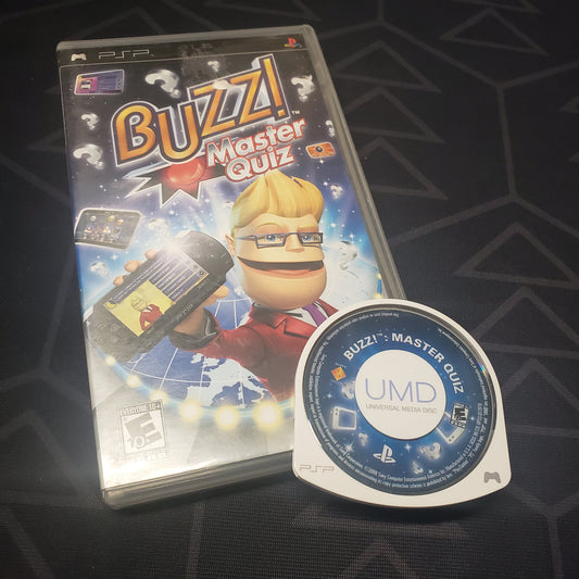 Image shows the case and UMD disc for the video game Buzz! Master Quiz for Playstation Portable