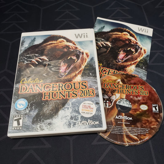 Image shows the case, manual and disc for the video game Cabela's Dangerous Hunts 2013 for Nintendo Wii