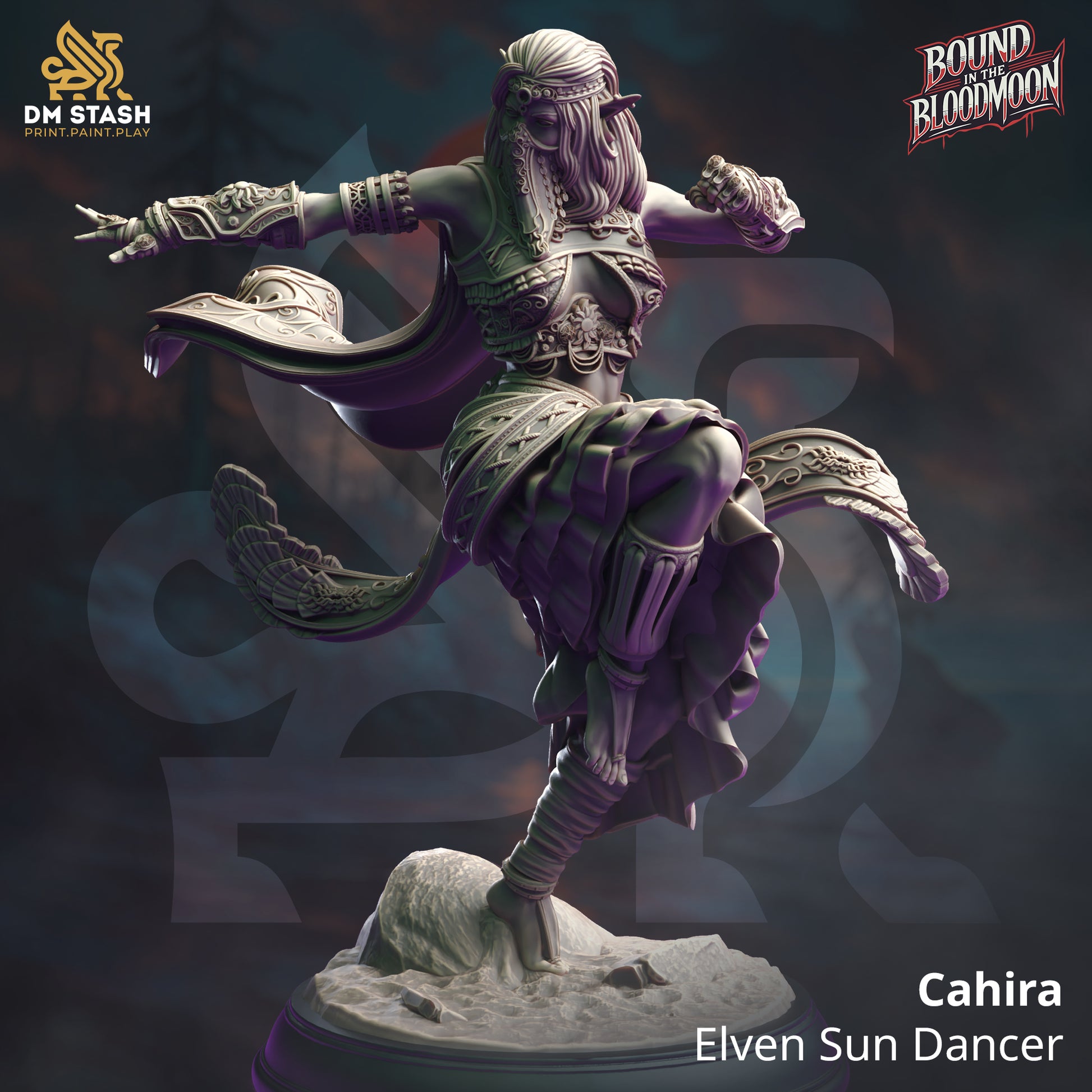 Image shows a 3D render of an elven monk gaming miniature