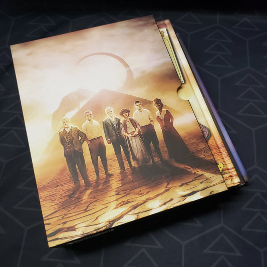 Image shows the front cover of the Masks of Nyarlathotep Slipcase Box Set for the roleplaying game Call of Cthulhu 7E