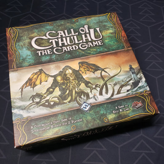 Image shows the front of the box of the Core Set for the card game Call of Cthulhu