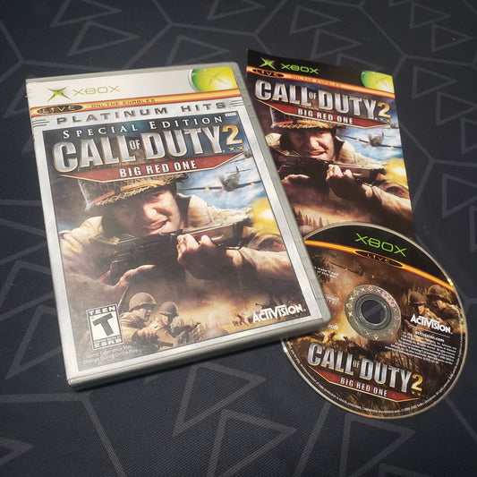 Image shows the case, manual and disc for the video game Call of Duty 2: Big Red One for the original Xbox