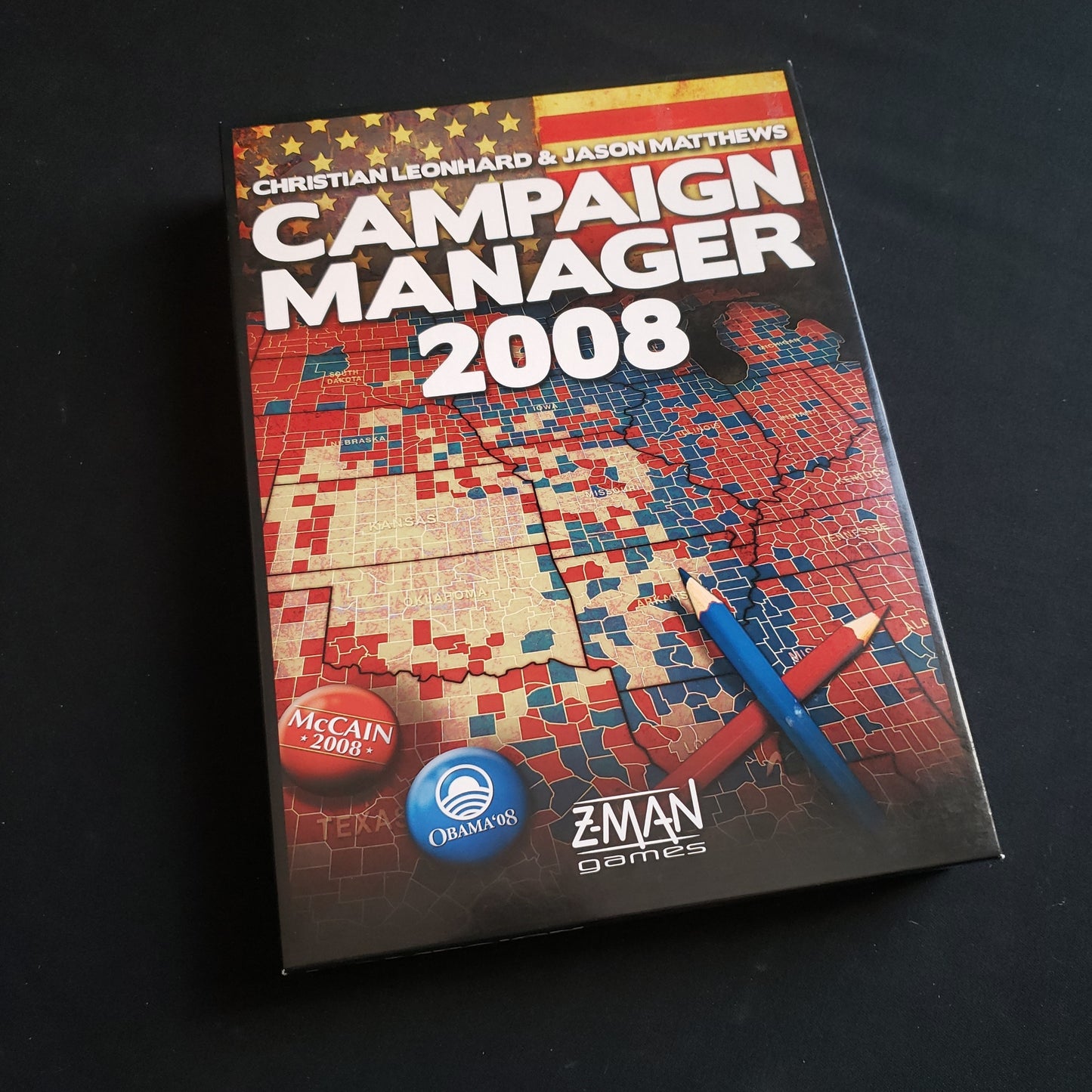 Image shows the front cover of the box of the Campaign Manager 2008 board game