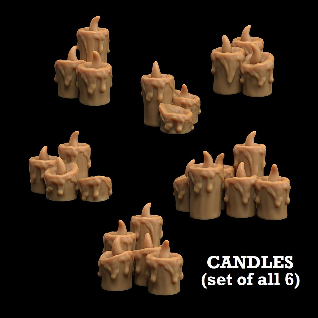 Image shows 3D renders for six unique sculpts of candle bundles gaming miniature terrain