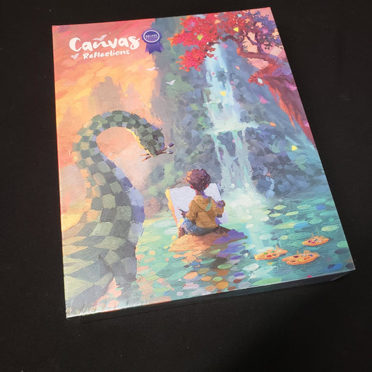 Image shows the front cover of the box of the Reflections expansion for the board game Canvas