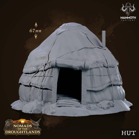 Image shows a 3D render of a canvas hut gaming miniature.