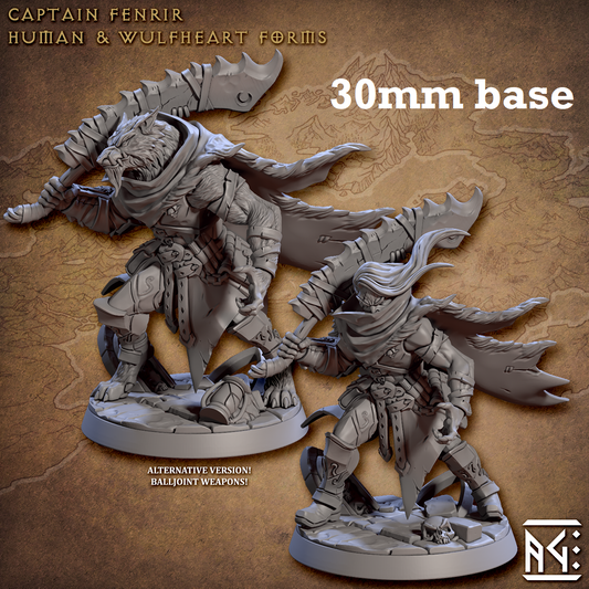 Image shows 3D renders of two sculpt options for a hunter captain gaming miniature in human and werewolf form