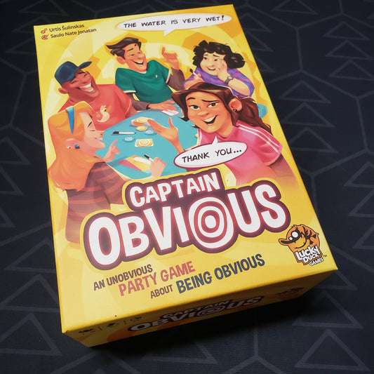 Image shows the front cover of the box for the Captain Obvious board game