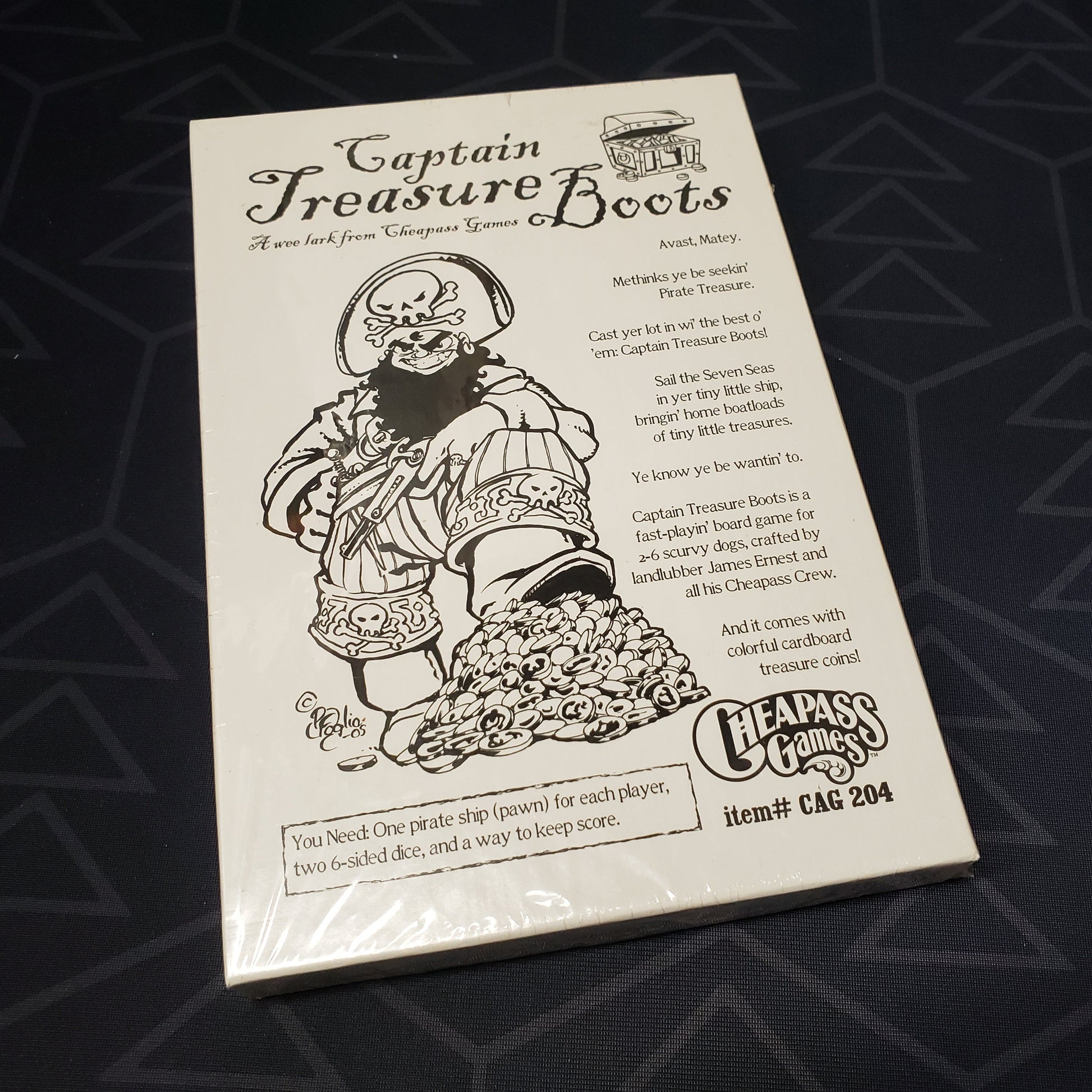 Image shows the front cover of the box for the Captain Treasure Boots board game