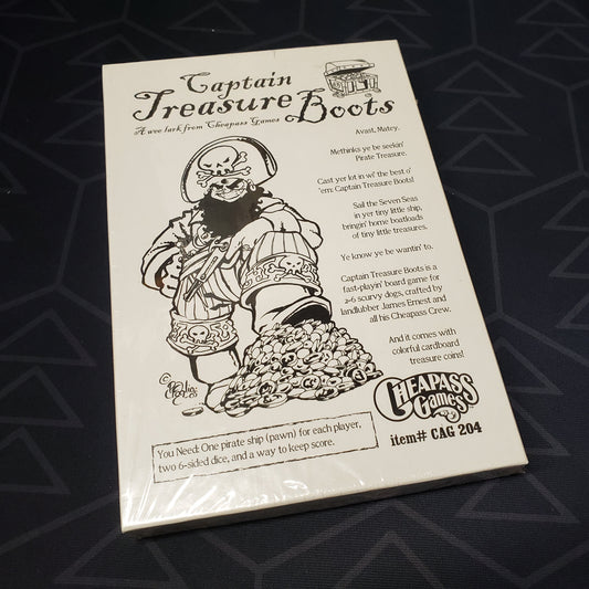 Image shows the front cover of the box for the Captain Treasure Boots board game