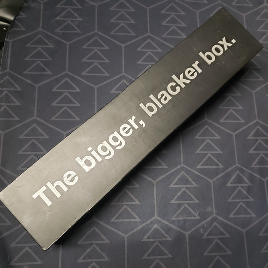 Image shows the front cover of the box of the Bigger, Blacker Box expansion for the card game Cards Against Humanity