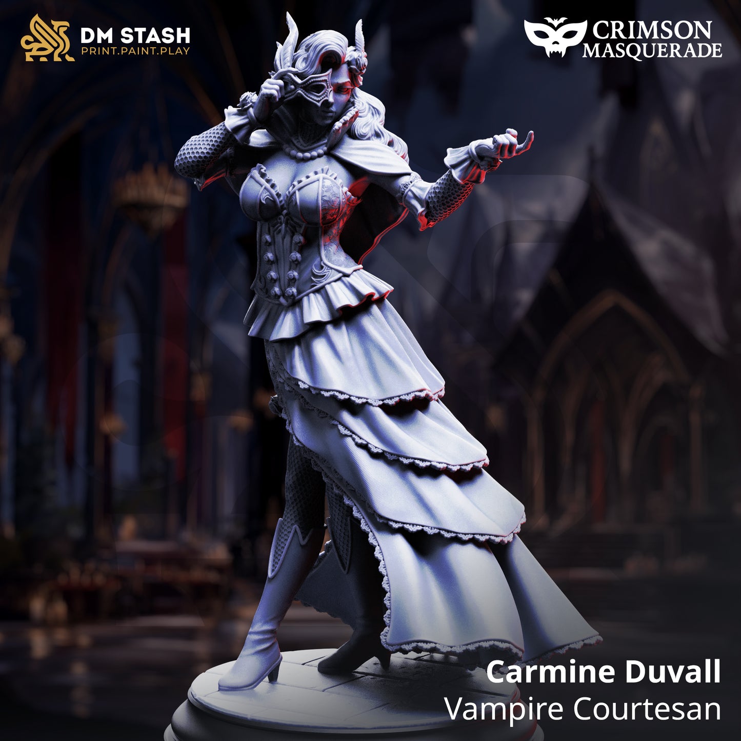 Image shows a 3D render of a vampire socialite gaming miniature.