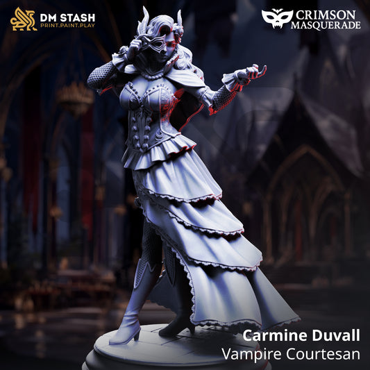 Image shows a 3D render of a vampire socialite gaming miniature.