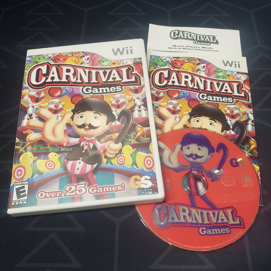 Image shows the case, manual & disc for the video game Carnival Games for Nintendo Wii
