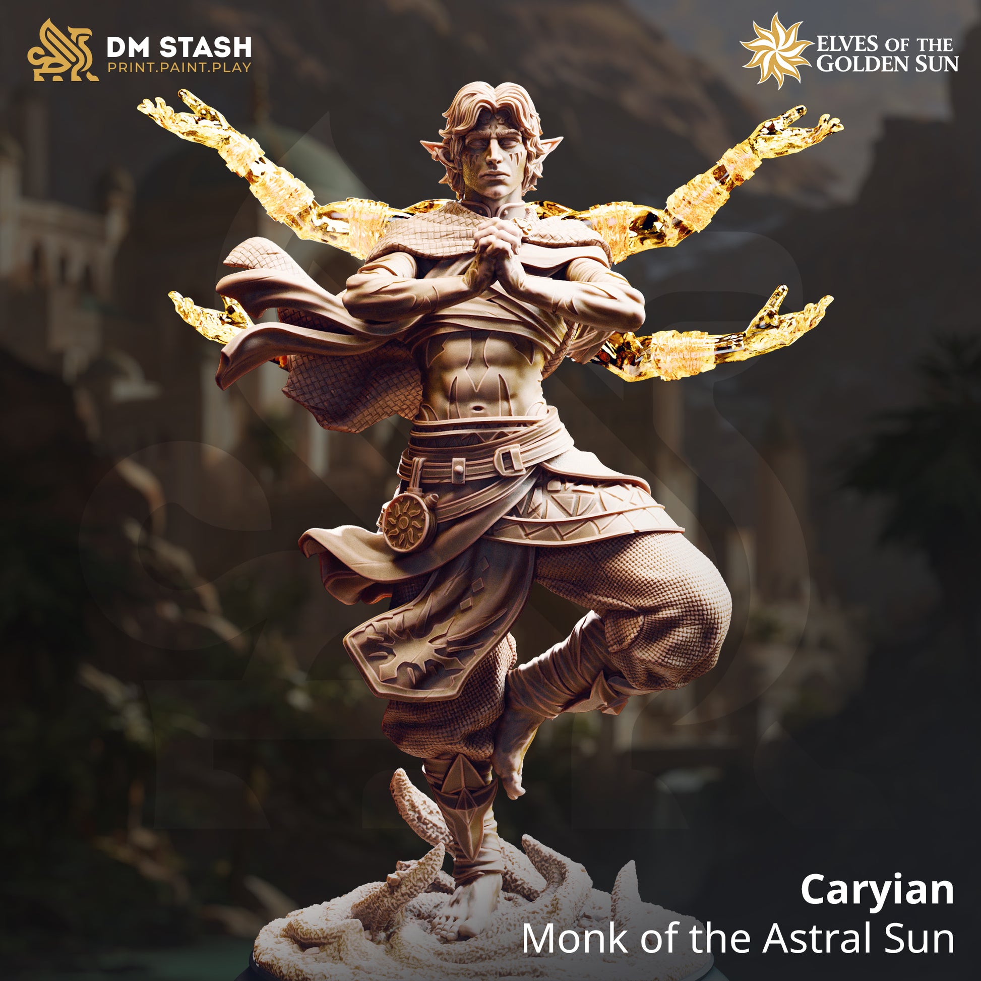 Image shows a 3D render of a elf monk gaming miniature.