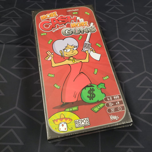 Image shows the front of the box for the More Cash 'n More Guns expansion for the game Cash ‘n Guns